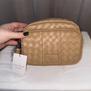 Pom Pom London Small Mayfair Leather Crossbody Caramel Brown Tan Woven Bag Purse